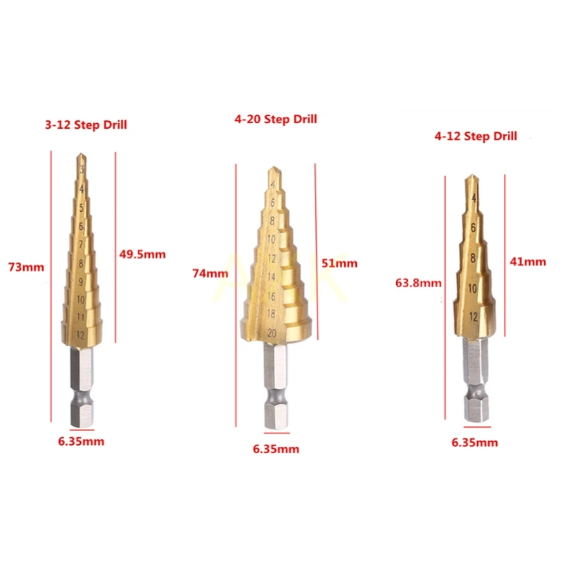 3-12mm 4-12mm 4-20mm HSS Straight Groove Hexagonal Step Drill Bit Set Titanium Coated Wood Metal Hole Cutter Core Drill Bit Set