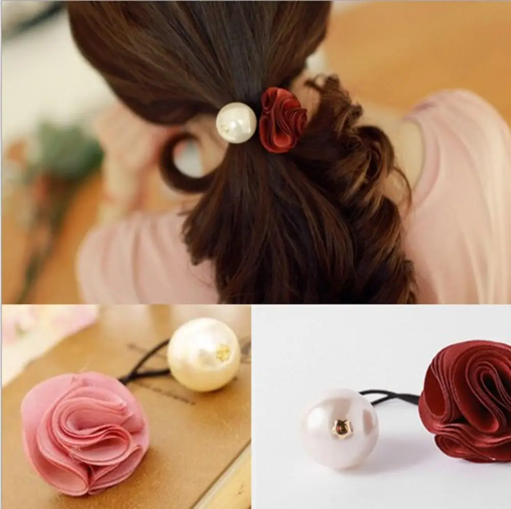 

1 Pc Romantic Women Pearl Cloth Flower Rose Charm Hair Band Rope Tie Ring Elastic Ponytail Holder Hair Accessories for Girls