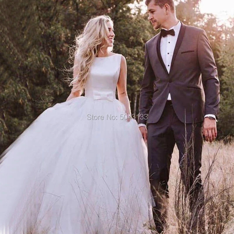 Простое Тюлевое свадебное платье трапециевидной формы с бантом Vestido De Noiva Элегантное свадебное платье без рукавов с глубоким вырезом на спине