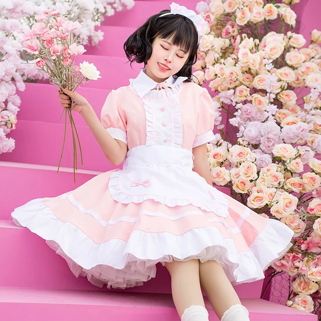 Vestido de empregada rosa Lolita para mulheres, traje Cosplay Anime, roupas  kawaii, sexy, doce, japonês, dramatização, festa de Halloween - AliExpress