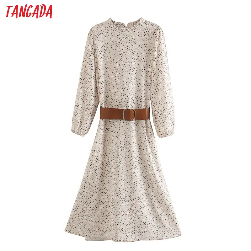 Tangada fashion women dots print elegant midi dress with belt 2020 new Long Sleeve Ladies work Dress Vestidos XN326 Tangada fashion women dots print elegant midi dress with belt 2020 new Long Sleeve Ladies work Dress Vestidos XN326