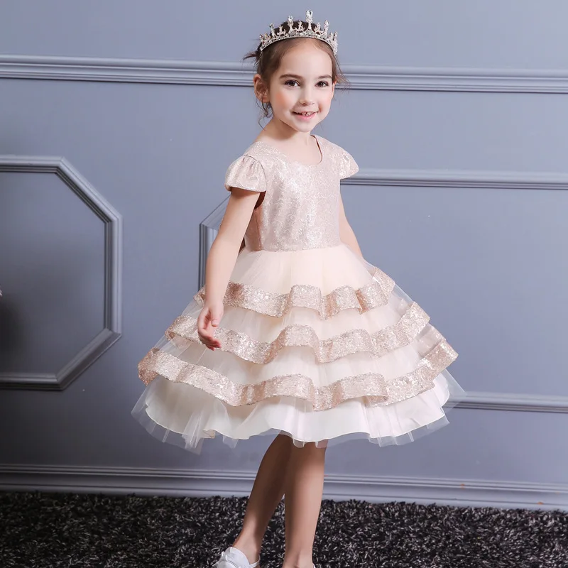 5 8 Year Sequined Princess Dress for Girl Cake Mesh Open Back Two Bow Kids Girls Elegant Party Wedding Dresses Clothes | Детская одежда