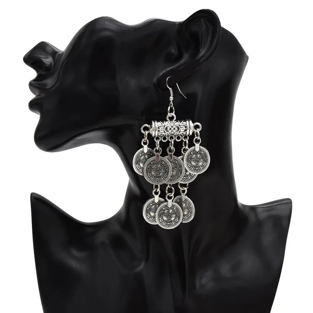 Турецкая винтажная Серебряная большая монета массивные серьги jhumka& ожерелье комплекты украшений для женщин Бохо индийский Афган бисерное ожерелье