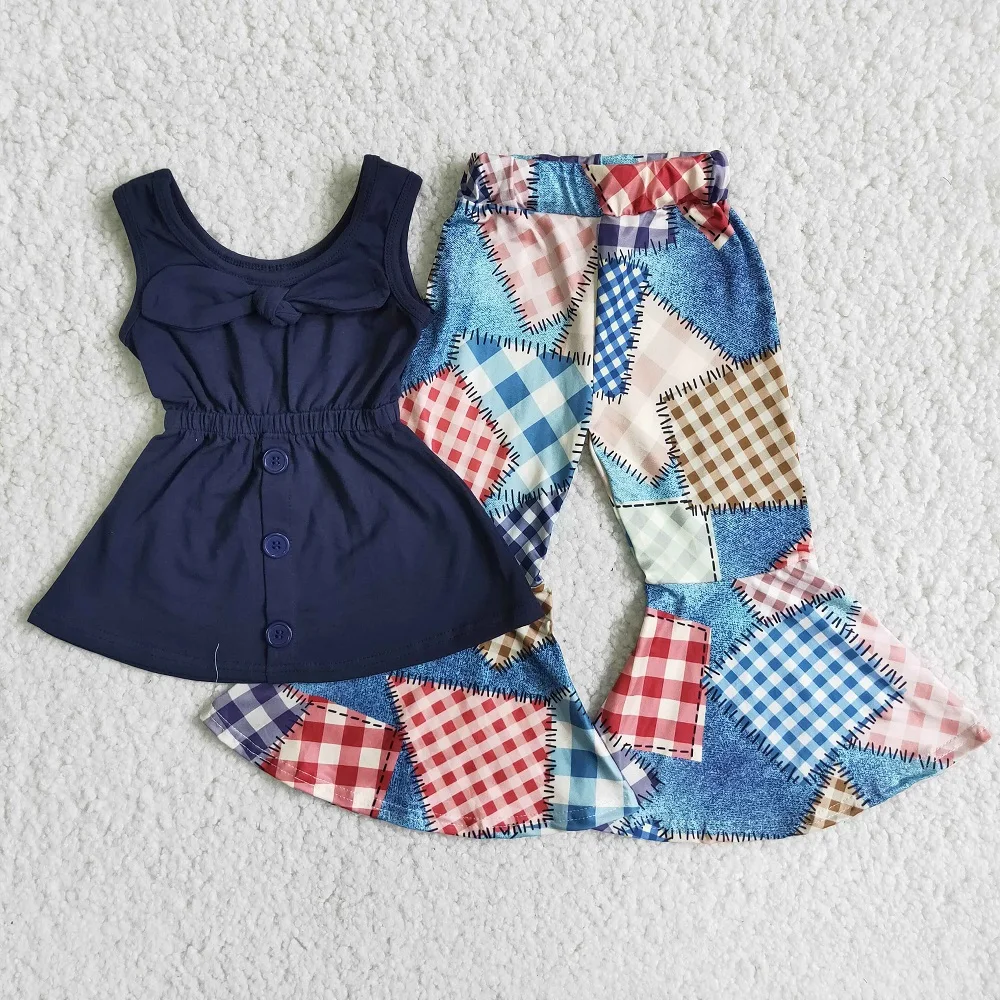 

Baby Girls Cotton Sleeveless Bow Shirt Children Spring Autumn Style Kids Patch Print Bells Pants Boutique Clothes