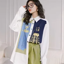 

2022 Spring autumn Women's blouse Asymmetrical Contrasting Color Printed Shirt Women Chic Polo Collar Long Sleeve Loose Tops