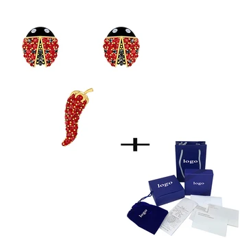 

SWA Autumn and Winter New Crystal Pierced Earrings Set Lucky Ladybug and Red Pepper Pattern Earring Send Girlfriend Best Gift