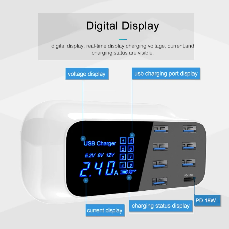 Зарядное устройство GOOJODOQ PD 40 Вт 8 портов USB зарядное умный светодиодный дисплей