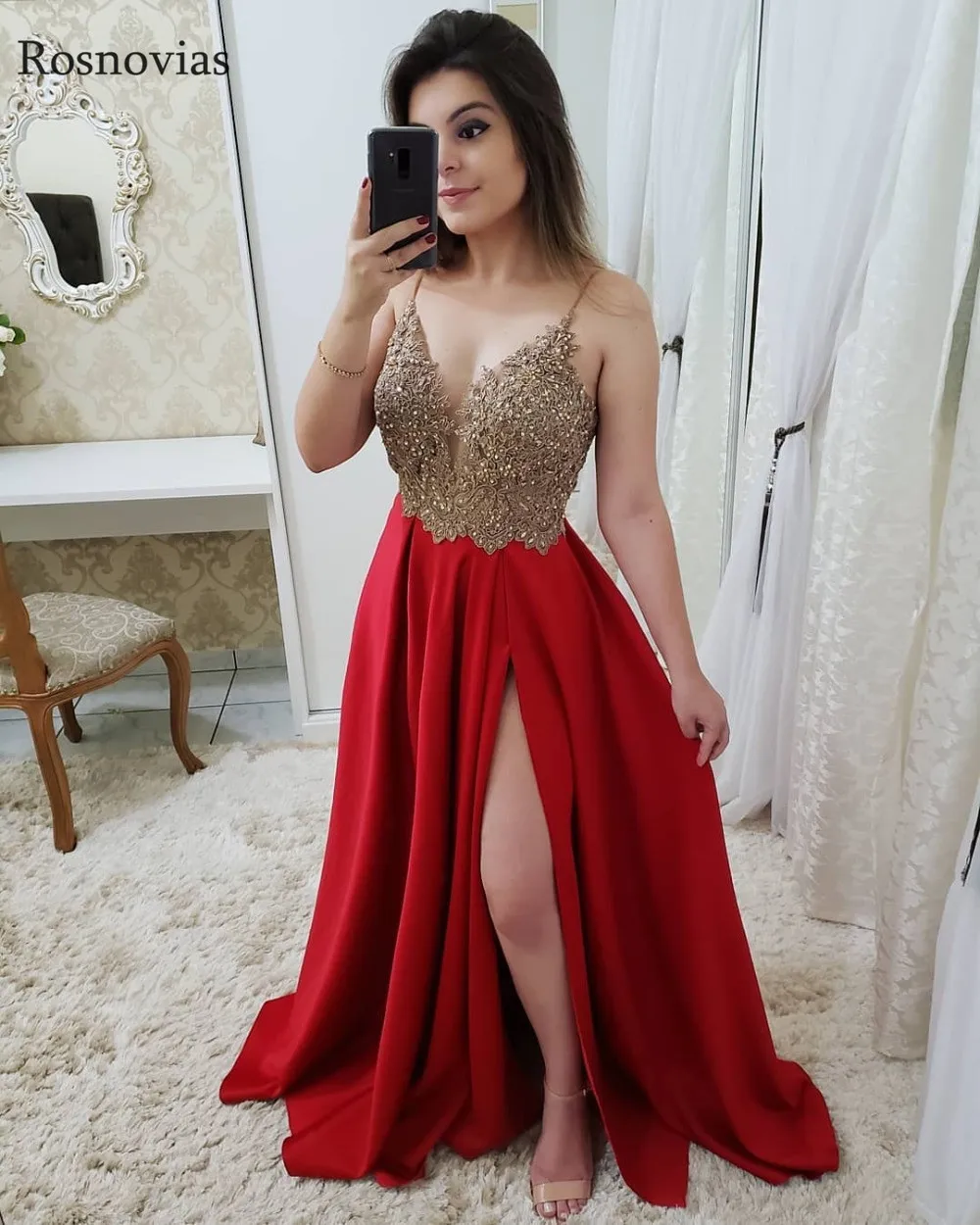 Красное боковое платье с разрезом для выпускного вечера Спагетти ремень V шеи Кружева аппликации бисером Формальные Вечерние платья Vestido De Fiesta