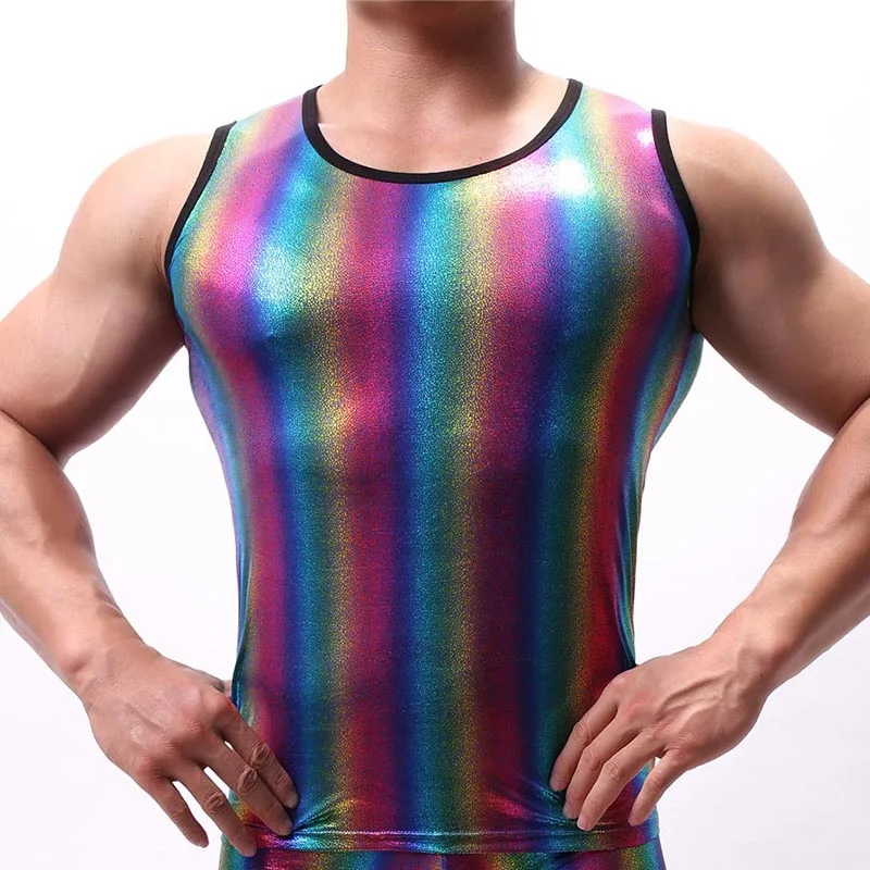 

Sexy Tanks Tops for Men Rainbow Striped Bling Performance Pullover Tops Sex Latex Gay Undershirts Clubwear Party Causal Costumes