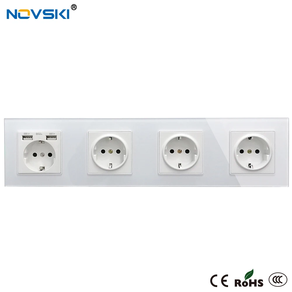 Dual USB 2.1A Hybrid Plug Wall Crystal Glass Panel Power Socket Grounded 16A Quadruple Electrical Socket White, 5 Years Warranty
