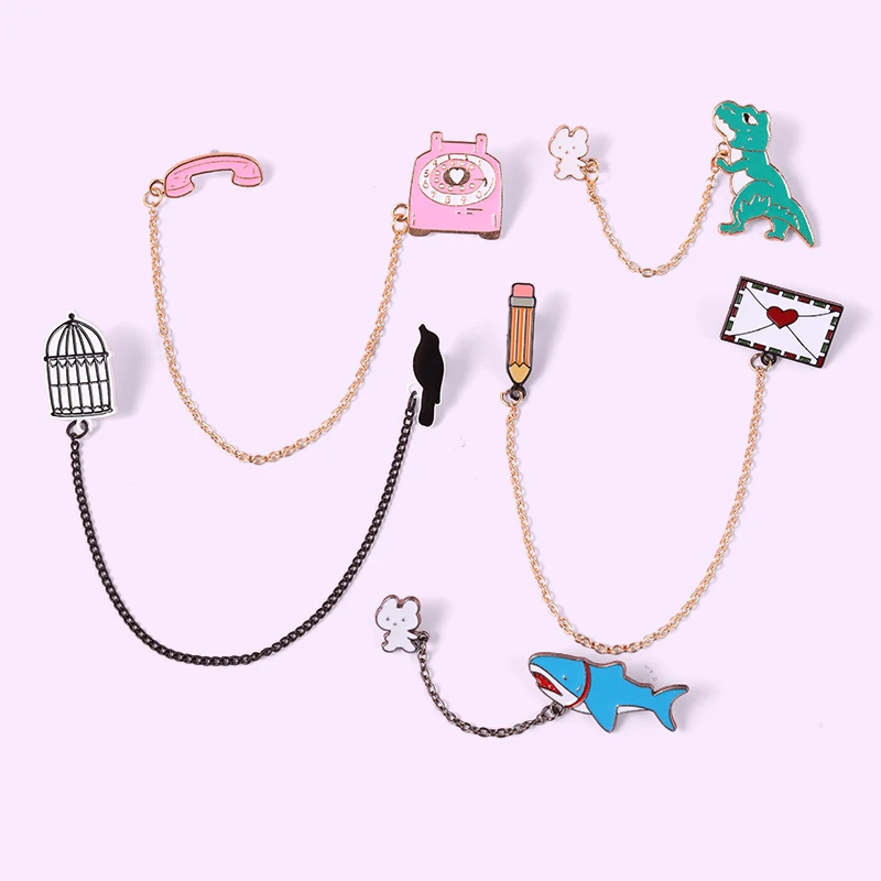Cartoon Pink Phone Black Bird Cage Shark Rabbit Pencil Smalto Spilla Moda Animali Badge Accessori Regali Gioielli Donna