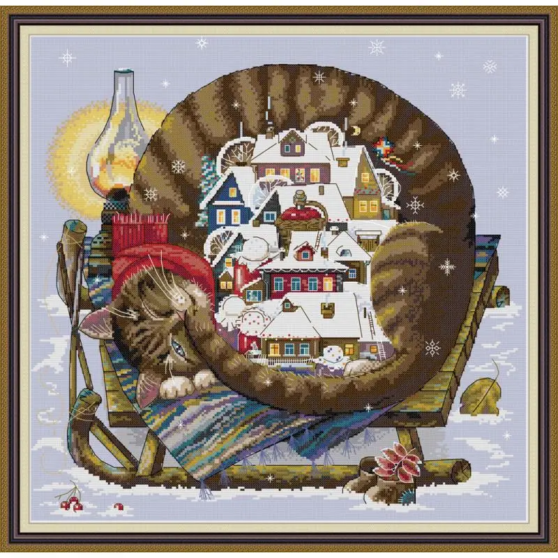 

Comfortable winter animal cat pattern count cross stitch 11CT14CT with printed cross stitch set DIY embroidery needlework crafts