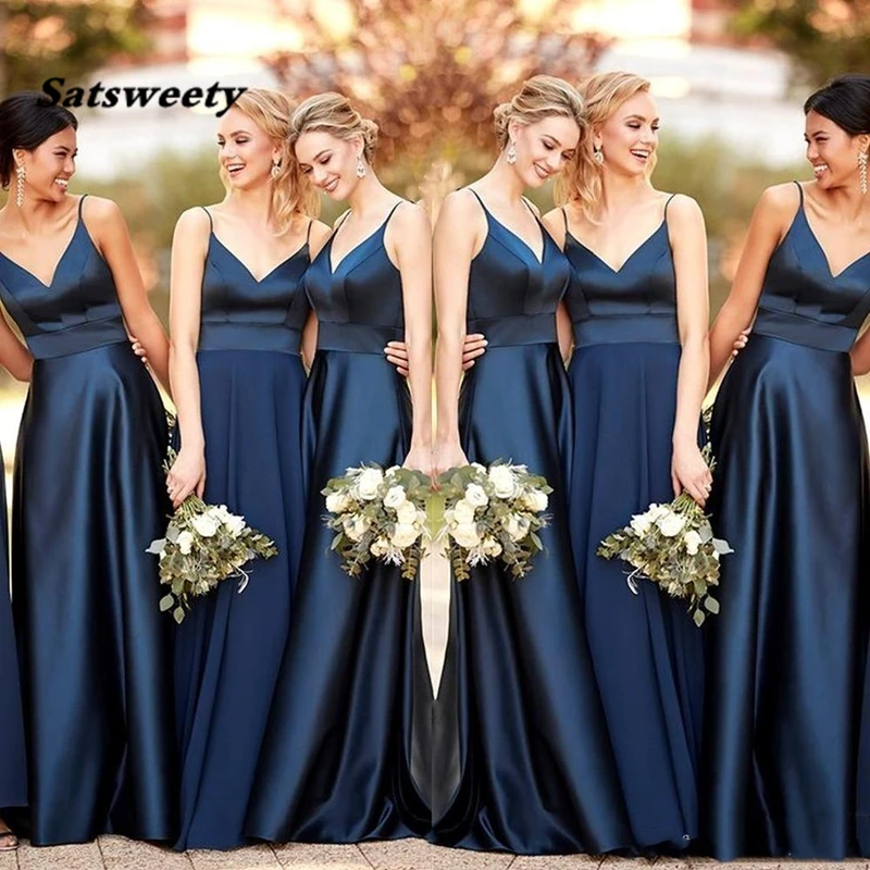 Vestido de dama de Honor con tirantes finos, traje de dama de Honor con corte en A, color azul marino, longitud hasta el suelo, para boda fiesta, personalizado|Vestidos para dama de