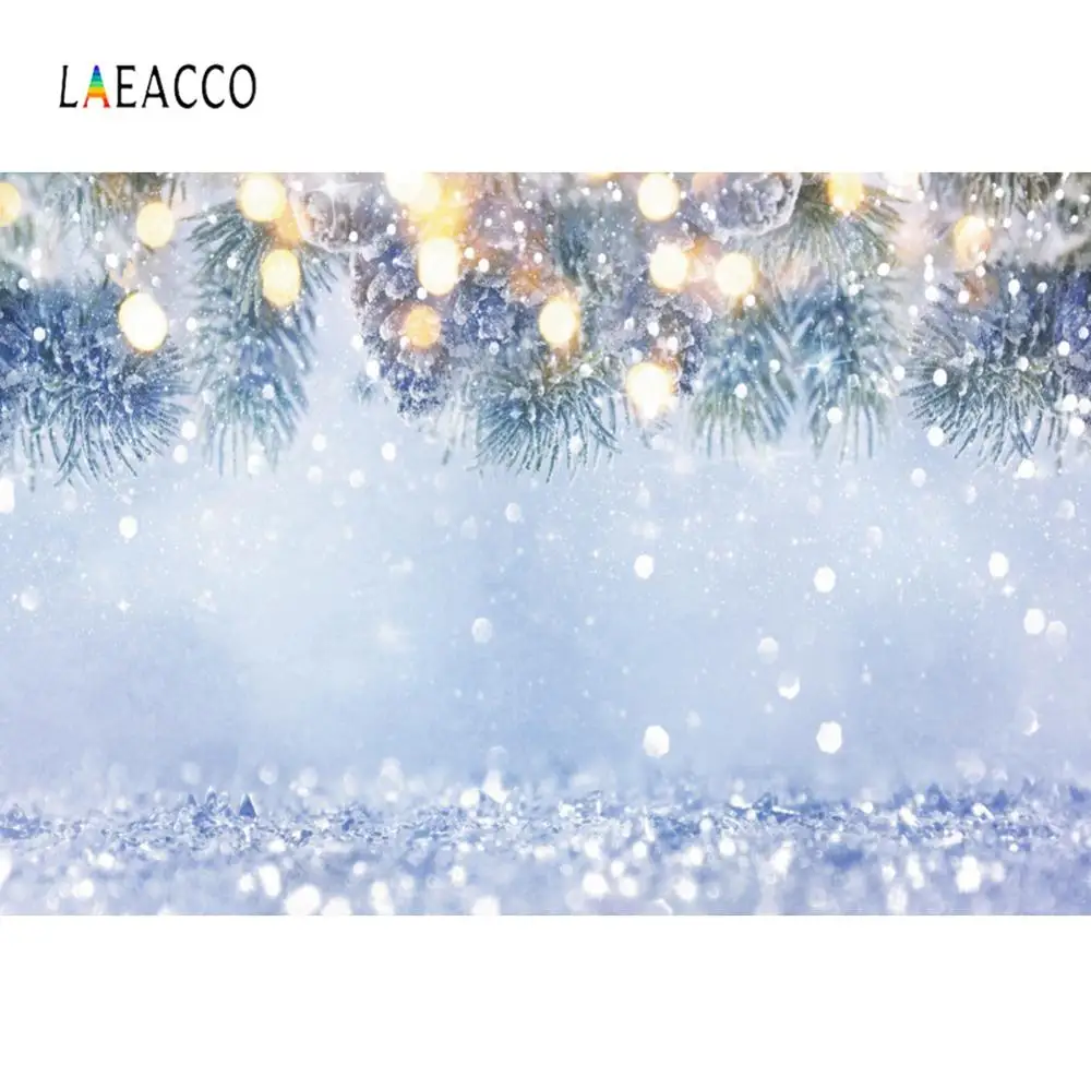 

Laeacco Winter Backdrops For Photography Blue Polka Dots Light Bokeh Pine Snow Dreamy Scenic Photo Background For Photo Studio