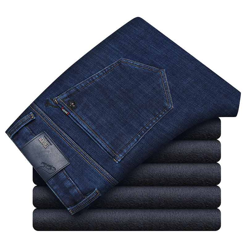 Goede Xuansheng Plus Fluwelen Jeans 2019 Black New Classic Merk Straight Stretch Fleece Warm Wijde Pijpen Broek Lange Broek Streetwear Jeans