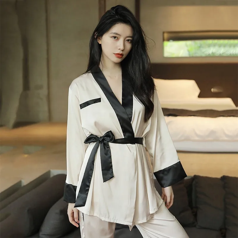 

New Autumn Pajamas Women 3PCS Sleepwear Set Nightwear Loose Casual Kimono Bathrobe Gown Silk Satin Pyjama Pour Femme Home Wear