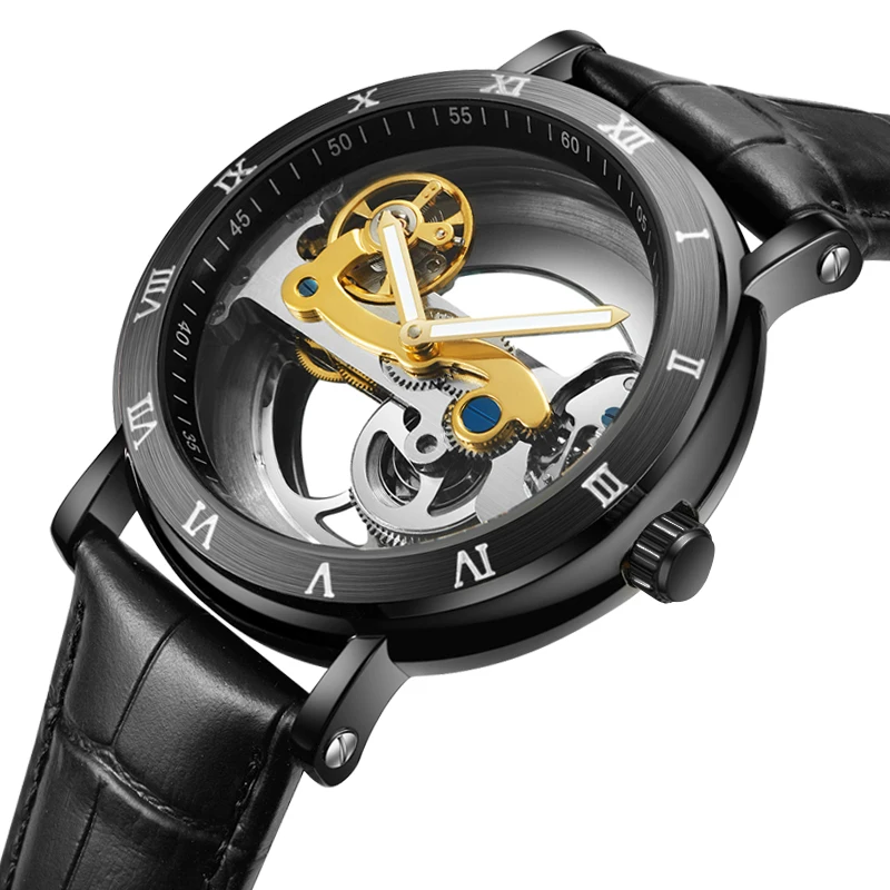 

Men's fully automatic gear mechanical movement hollow dial leather belt business clock 30 meters waterproof luminous wrist watch