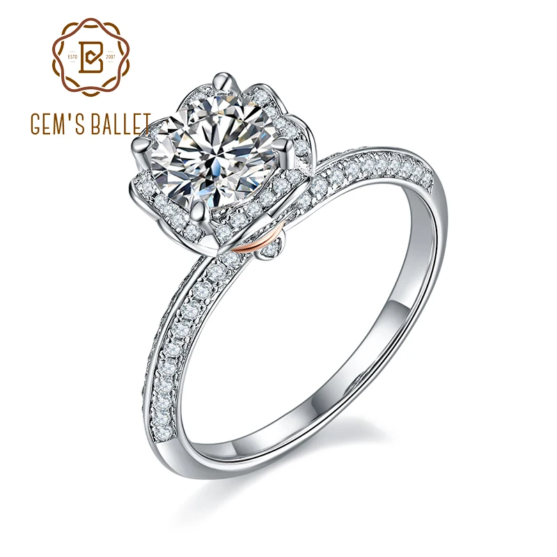 

GEM'S BALLET 1.0Ct Round Bypass Floral Halo Moissanite Engagement Rings For Women Wedding 925 Sterling Silver Moissanite Ring