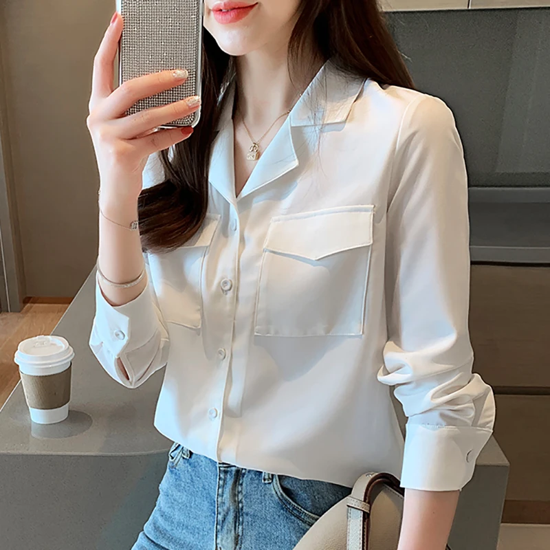 

New Long Sleeve Shirt Women Pockets Button Chiffon Blouses Notched White Blouse 2020 Summer Tops Woman Clothes Chemisier Femme