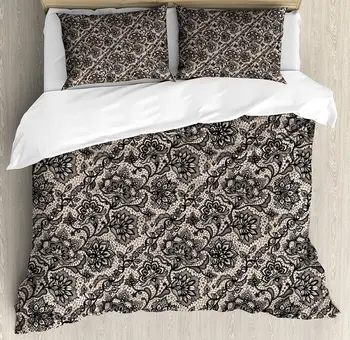 

Gothic Duvet Cover Set Abstract Graphic Lace Pattern with Flowers Butterflies Old Fashioned Nature Inspired Bedding Set