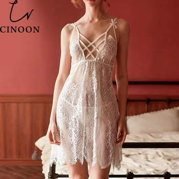 

Charming Women Sleepwear V-Neck Sexy Nightdress Lace Backless Comfortable Nightgown Solid Color Homewear Bandage Nightwear