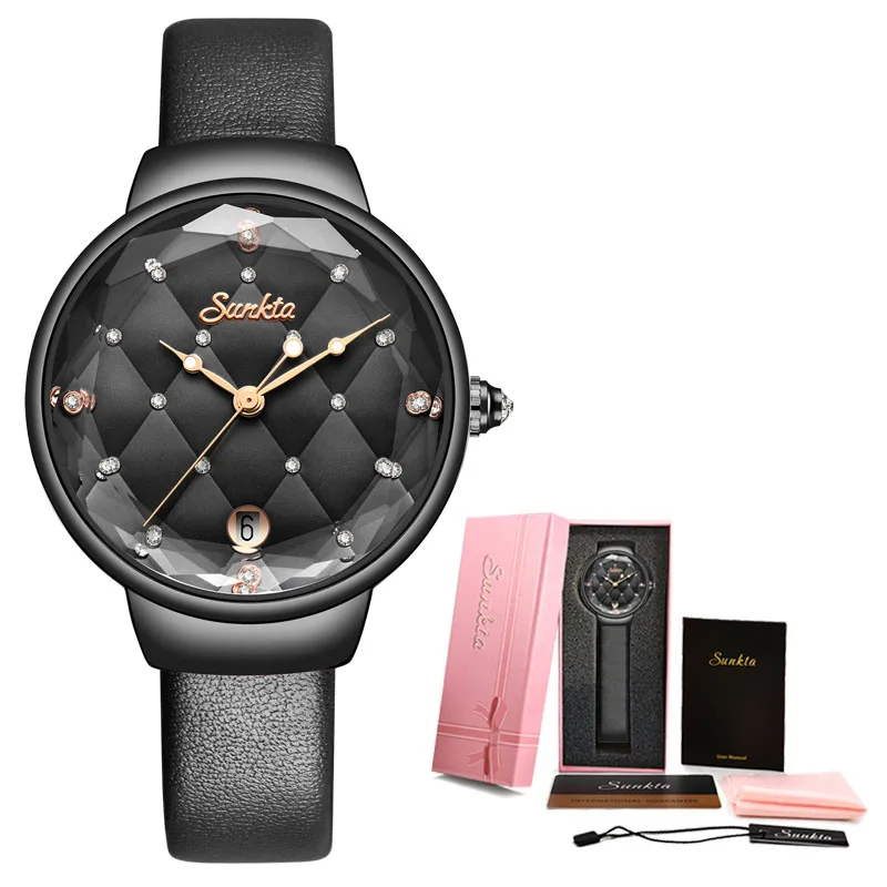 Leather black SUNKTA женские часы люксовый бренд Модные кварцевые женские часы со стразами платье наручные часы простые красные часы Relogio Feminino+ коробка - Цвет: Leather black