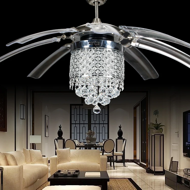 

Modern Crystal Ceiling Fan Light with 8 Foldable Transparent Acrylic Leaves Invisible Take-Off Remote and light 42