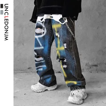 

UNCLEDONJM Graffiti jeans for men letter denim jeans pants Destroyed Stretch Slim Fit Hop Hop Pants loose fit denim jean AD-1982