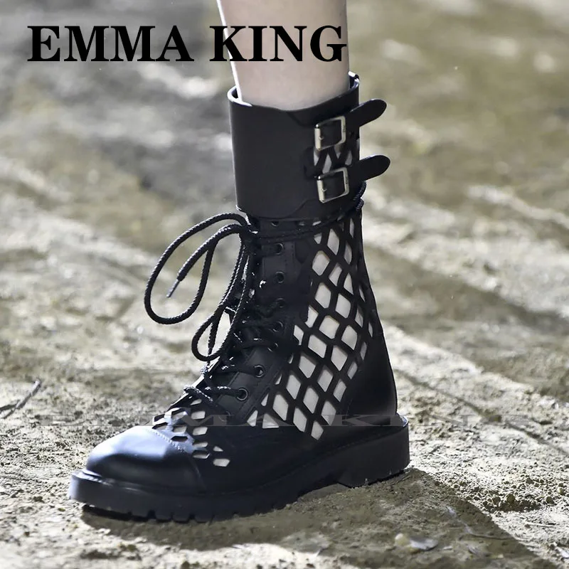 

Rome Mid-Calf Boot Chic Hollowing-out Women Genuine Leather Runway Shoes Femme Comfy Flat Heel Chelsea Boots Cross Lace up Mujer