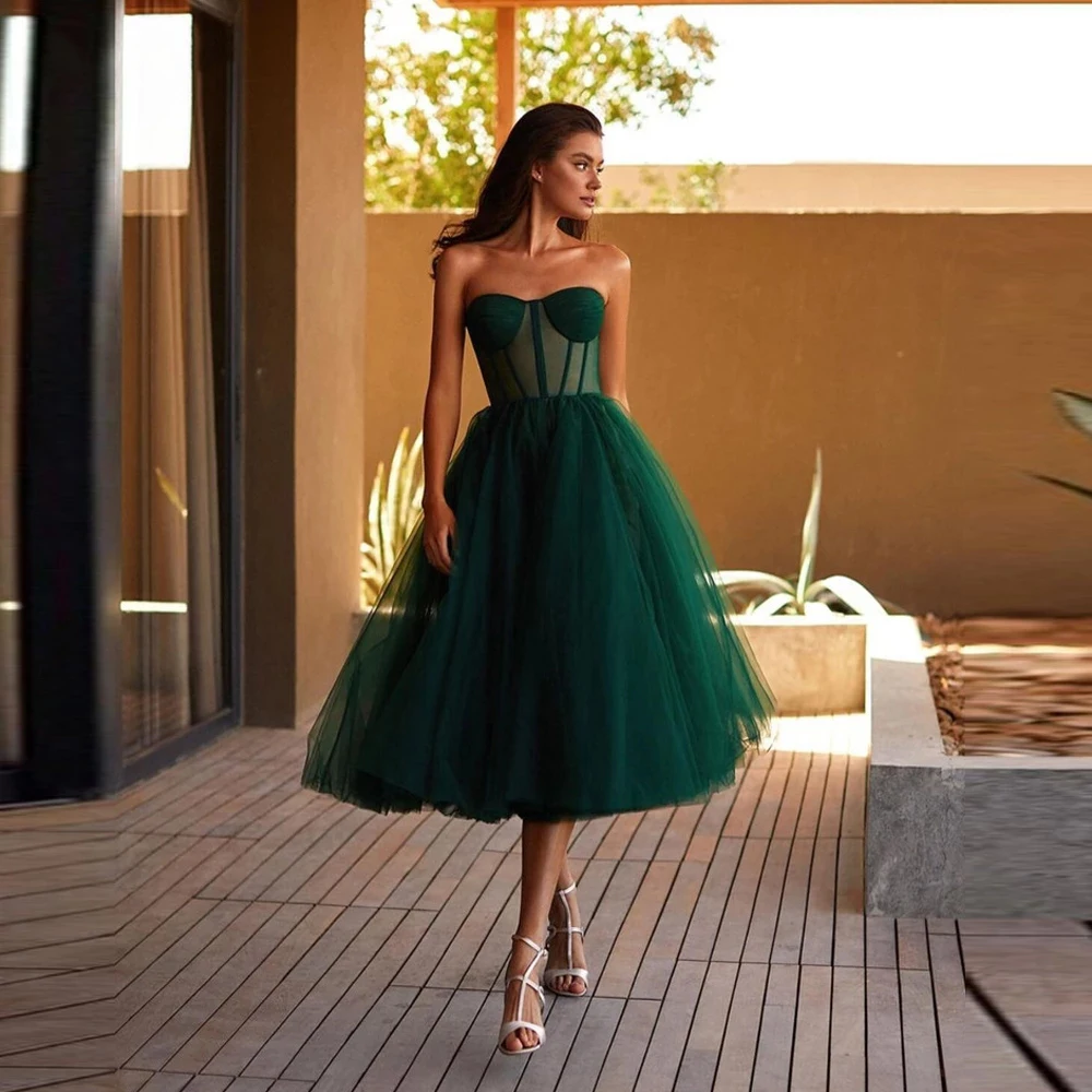 Evening Dresses Weiyin AE0775 Simple Green Tulle A Line Short For Prom Sweetheart Sheer Corset Top Tea Length Formal Party Gowns