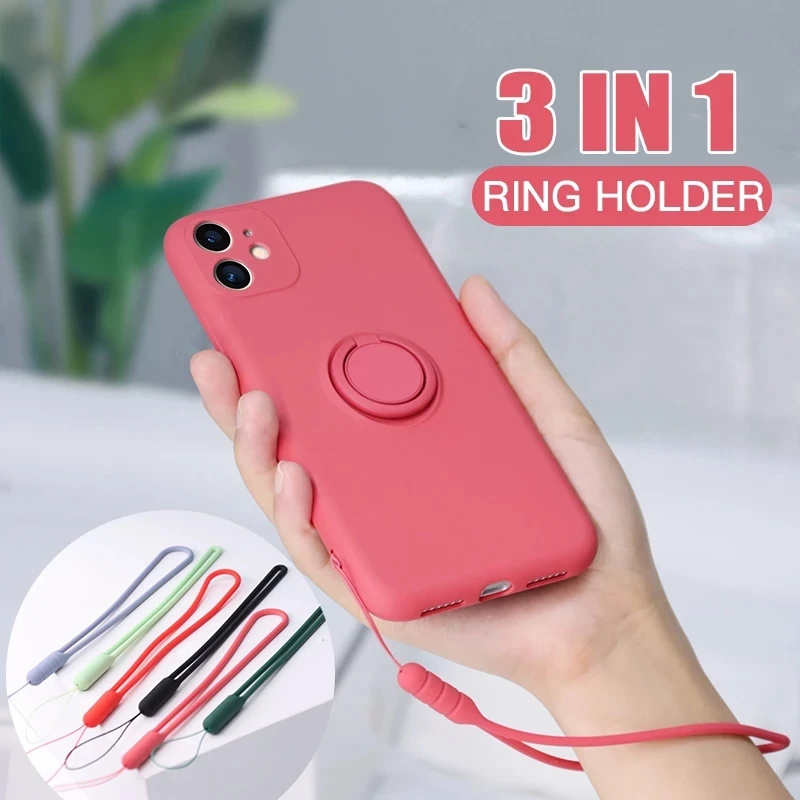 Luxury Magnetic Ring Holder Silicone Frame Phone Cover with Strap
