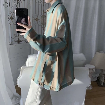 

GUYI Striped Hawaiian Casual Cotton Shirt For MenTurn-down Collar Pockets Long Sleeve Blouse Shirt Male Beach Loose Chemise Tops