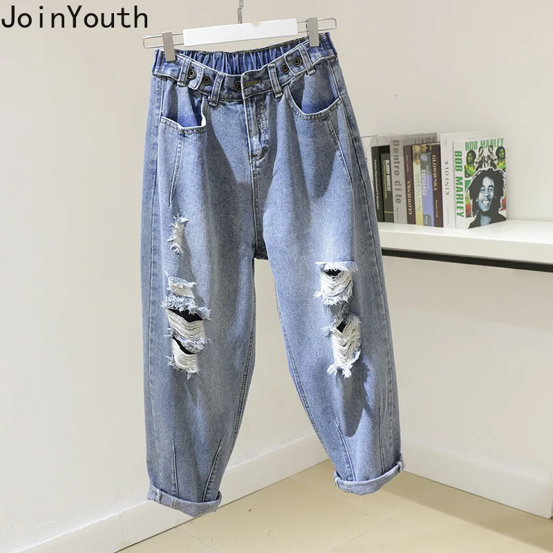 

JoinYouth Holes Streetwear Solid High Waist Jeans Autumn 2019 Loose Korean Women Fashion Jeans Zipper Blue Harem Pants J044