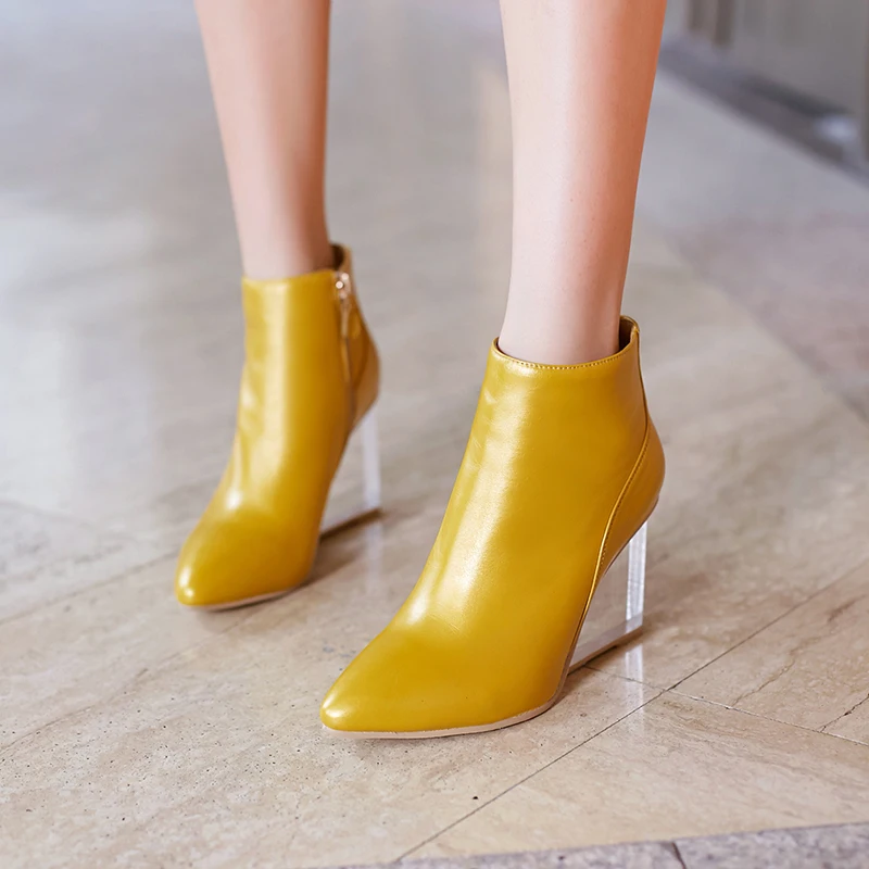 genuine leather boots pointed toe Slope heel transparent crystal 9cm fashion show women's shoes yellow black autumn winter new