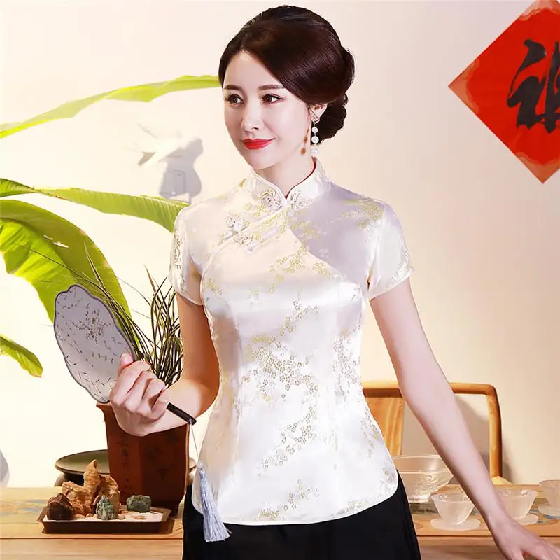 Женские китайские Топы традиционная одежда Tang стиль блузка атласная рубашка винтажная ручная работа рубашки на пуговицах Сексуальная негабаритная 3xl 4xl - Цвет: Gold flower