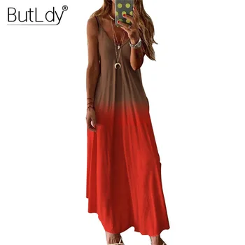 

Gradient Straps Women Dress V-neck Sleeveless Casual Long Dresses Ladies Summer 2020 Off Shoulder Tank Beach Dress Sundress