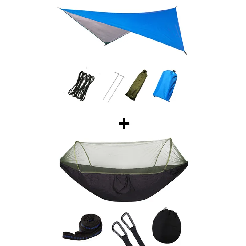 Blue and black Outdoor Portable Hammock with Mosquito Net and Rain Fly Camping Backpacking Bug Hammocks and Netting Parachute Hammock Canopy - Color: Blue and black