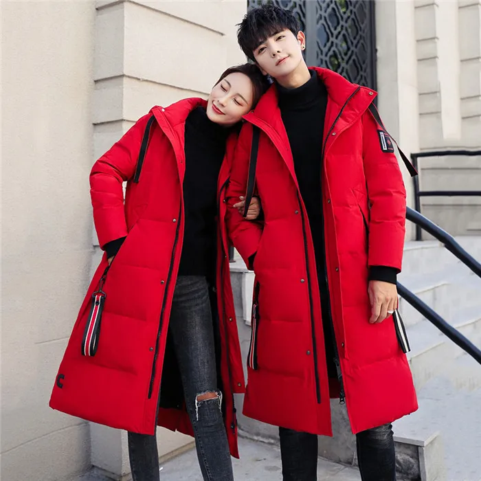 women red Толстая теплая пуховая куртка мужская длинная пара пальто модная новинка большой размер белый утиный пух Верхняя одежда Мужская куртка с капюшоном JIA447 - Цвет: women red