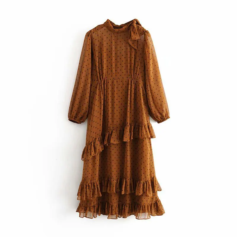 

A new fall 2019 fashion casual long-sleeved polka dot print dress with pleated lace-up neckline
