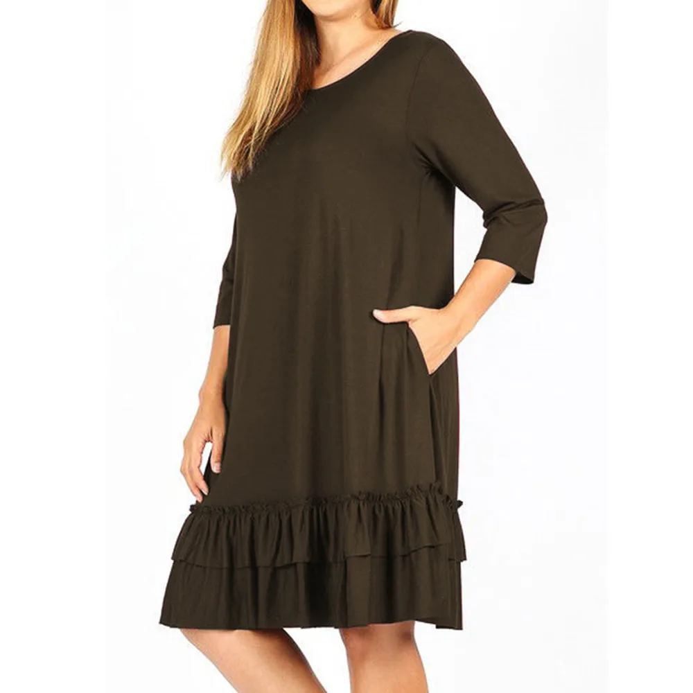Womail, платья размера плюс, женская мода, Vestidos, три четверти, каскадные, с рюшами, о-образный вырез, прямое, до колена, платье JL25 Vestidos