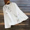 7383 New Spring Women Shirt Chinese Style Retro Buckle Floral Embroidery Linen Loose O-Neck Long Sleeve Blouse Women 1