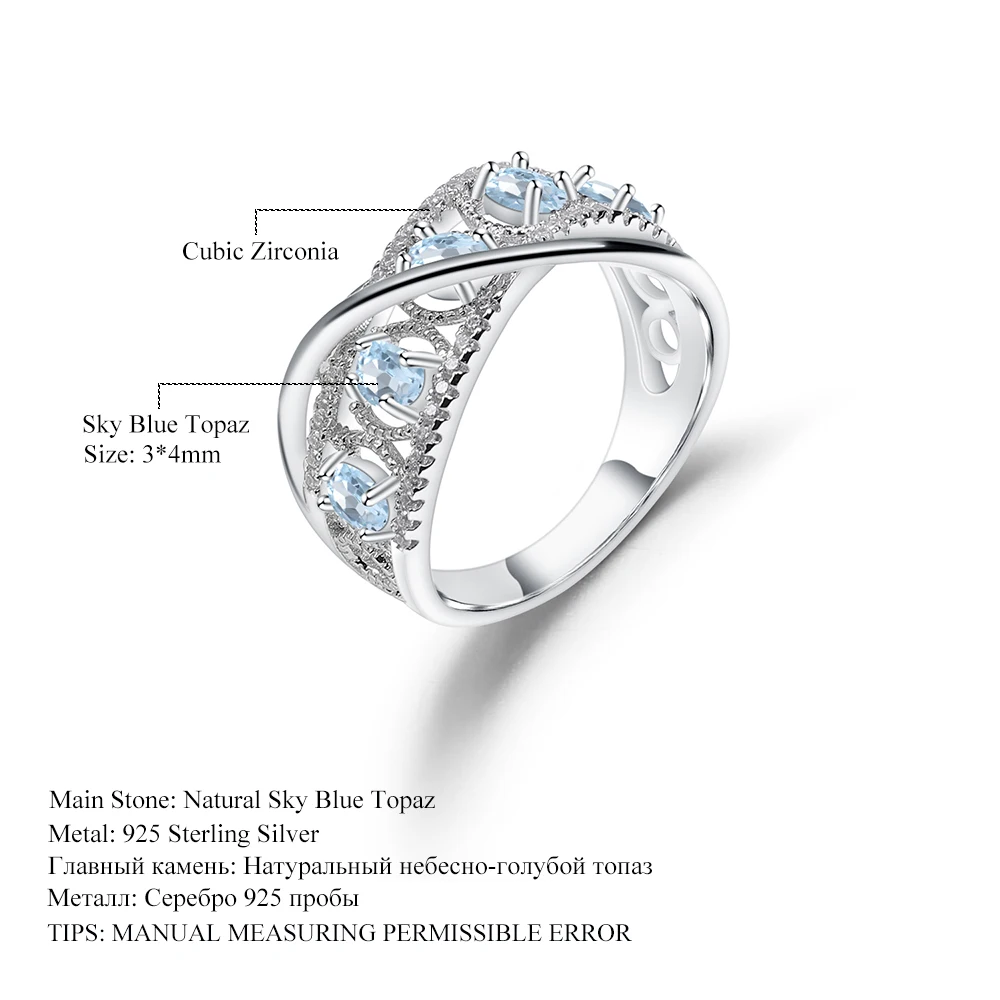 GEM'S балетное 925 пробы, серебряное кольцо с разрезом, кольцо на палец с натуральным небесно-голубым топазом, кольца с драгоценным камнем для женщин, хорошее ювелирное изделие