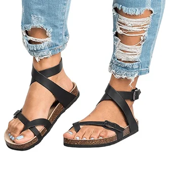

2020 Summer Women's Flat-bottomed Pedal Sandals Feminina Belt Buckle Shoes Female Comfort Roman Sandals Plus Size