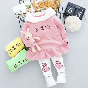 

2020 Autumn Children's Small Children's Cute Ear Sweater Skirt Rabbit Leggings Two-piece Set Baby Girls Combed Cotton Pullover