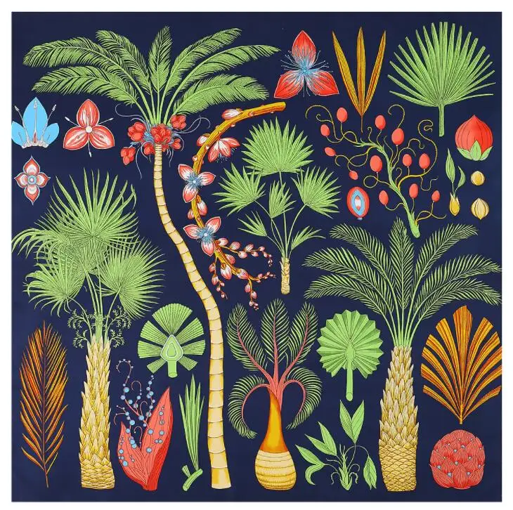 Nuovo Disegno Di Marca Di Lusso Sago Cycas Palma Albero Di Inverno Sciarpa Quadrata Di 130Cm Twill Sciarpa Di Seta Delle Donne Sciarpe Fazzoletto Per 