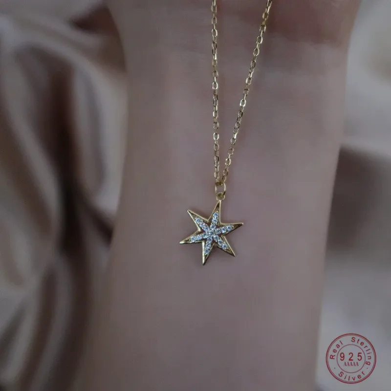 

925 Sterling Silver Pavé Crystal Six-pointed Star Pendant 14k Gold Necklace Women Fashion Trend Party Jewelry Friendship Gift