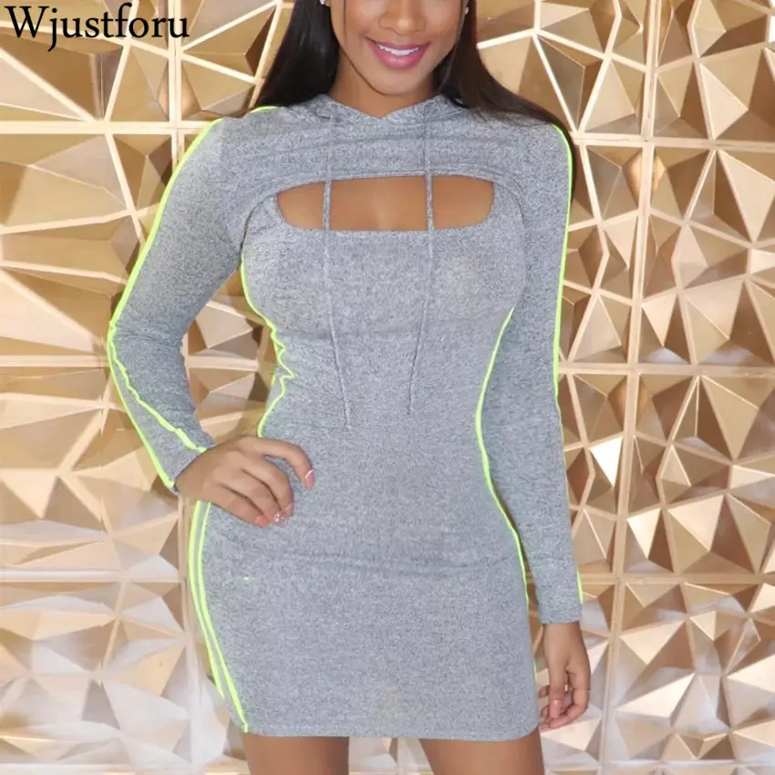 

Wjustforu Casual Sexy 2 Piece Set Tracksuit Women Short Hooded Tops + Bodycon Mini Dress Female Long Sleeve Elegant Two Piece Se