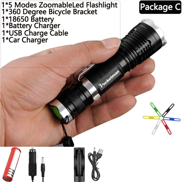 Package C Супер яркий водонепроницаемый самый мощный XML-T6 светодиодный фонарик Zoomable 5 режимов фонарь 18650 Зажим для ремня фонарь z90 для наружного использования FS - Испускаемый цвет: Package C