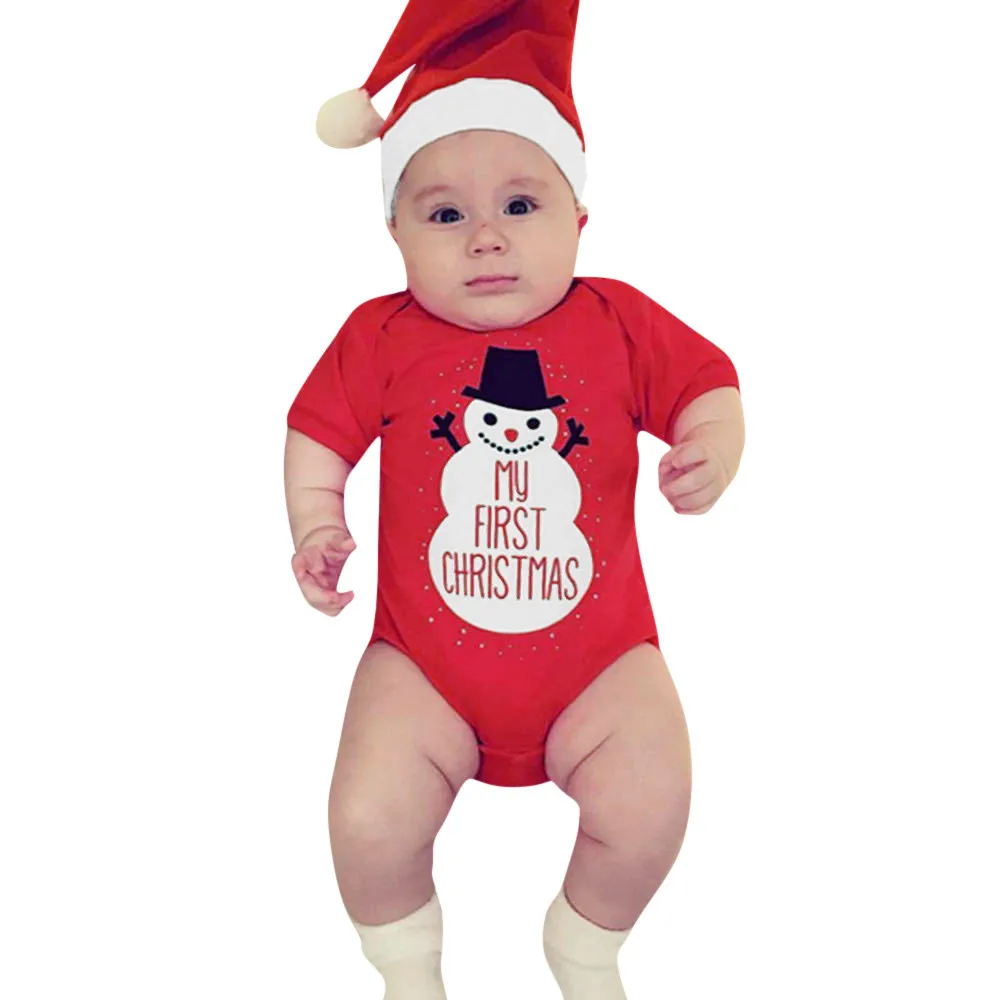 Комплект из 2 предметов, Рождественский комбинезон с короткими рукавами и принтом снеговика + шапка, комплект одежды для новорожденных