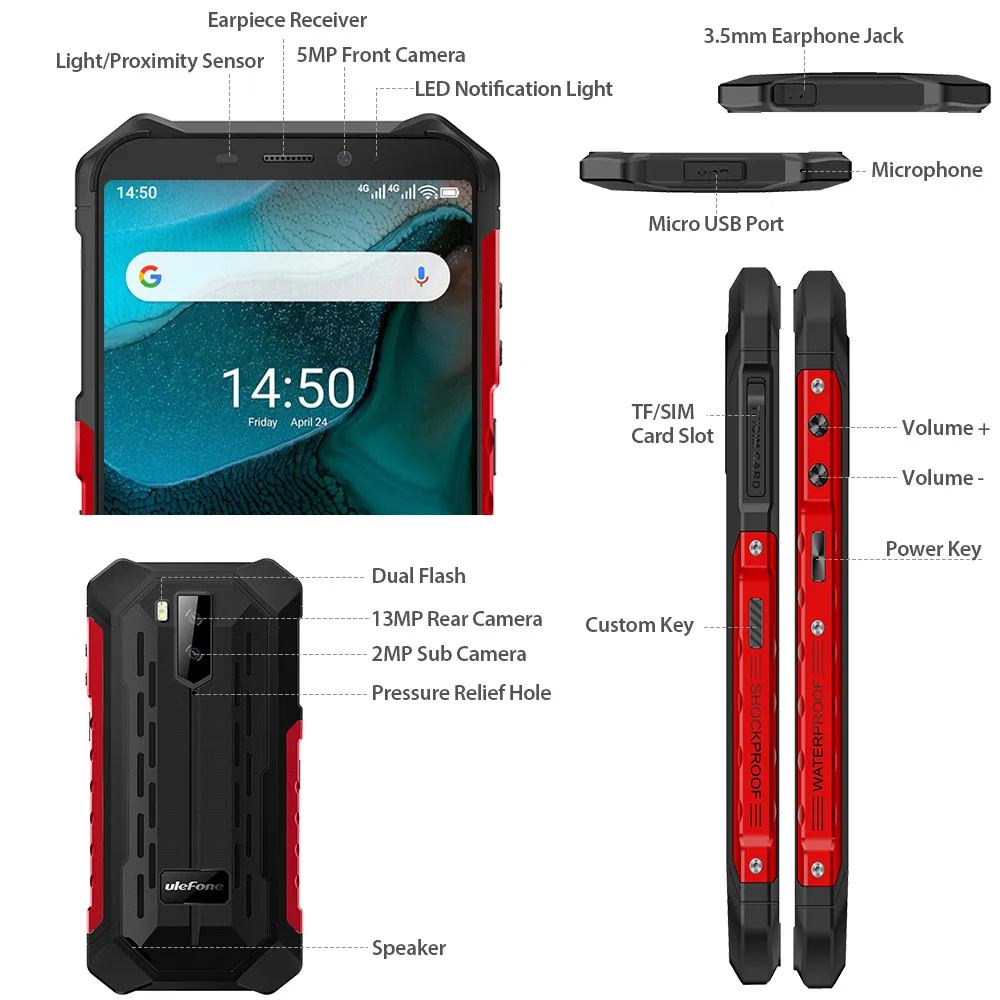 Ulefone Armor X5 IP68/IP69K Rugged Android 10.0 Shockproof Smartphone 5000mAh Octa Core 5.5'' OTG NFC 3GB 32GB 4G LTE Cellphone